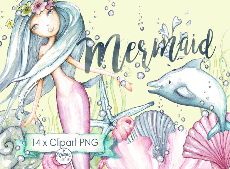 Mermaid Clipart,Mermaid invitation,hand painted watercolor, dolphin, shells, printable, planner stickers, planner girl, cute mermaid,clipart image 1