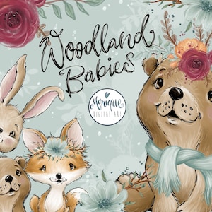 Animaux des bois Clipart, Renard, ours, lapin, lapin, bébé renard, bébé ours, Bébés animaux art, Animaux de pépinière, Baby shower, mignons bébés animaux