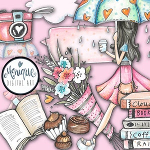 Rainy Day Clipart, hand painted, umbrella, books, coffee, chocolate, Printable clip art, planner stickers, planner girl,