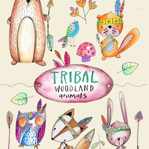 Clipart d’animaux de pépinière des bois, renard, ours, écureuil, hibou, oiseau, fleurs, flèches, aquarelle, peint à la main, autocollants de planificateur, planificateur fille