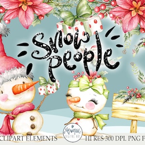 Schneemann Clipart Aquarell, Weihnachten Clipart, Schneemann Kunst, Schneefrau, Schneemann Grafik, Holz Schild Clipart, Weihnachtskranz Aquarell