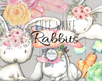 Rabbit clipart, bunny watercolor, woodland animals, hand painted, floral, planner stickers, graphics resources, cliparts, planner pages