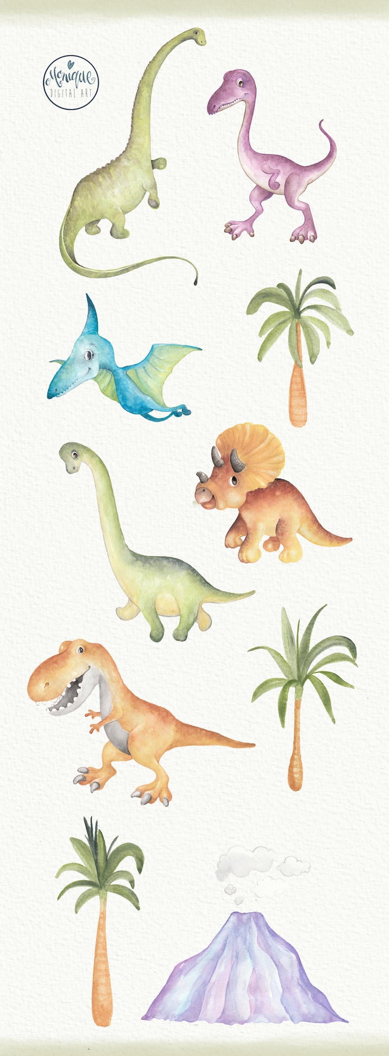 Może przedstawiać: Aquarelowe ilustracje dinozaur&oacute;w, palm i wulkanu. Dinozaury są zielone, fioletowe, niebieskie, pomarańczowe i brązowe. Palmy są zielone z brązowymi pniami. Wulkan jest fioletowy z białą chmurą.