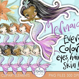Zeemeermin Clipart Donkere huid, witte huid, blond, zwart haar, rood haar, bruin haar, Afro-Amerikaans, Blauwe ogen, bruine ogen, Zeemeermin poppen