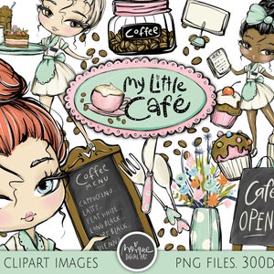 Clipart de café, clipart de padaria, gráficos de cafeteria, ilustração de restaurante, bolos, arte de garçonete, café, cupcakes, gráficos fofos de logotipo de café