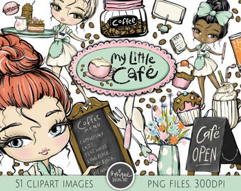 Cafe clipart, bakery clipart, coffee shop graphics, restaurant illustration, cakes, waitress art, coffee, cupcakes, cute cafe logo graphics