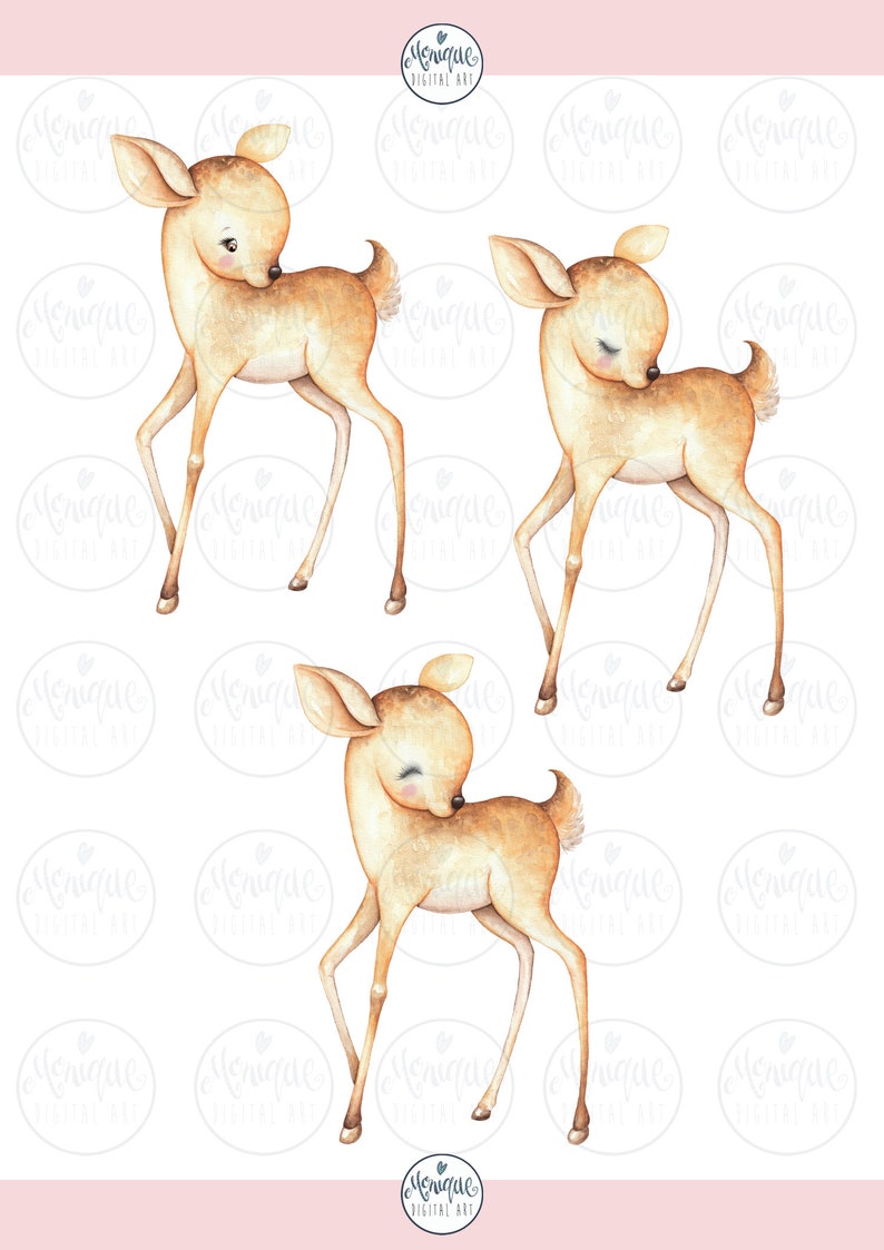 May include: Three watercolor illustrations of a fawn, each with a different pose. The fawns are brown with white spots and have large, expressive eyes. They are all looking down and appear to be shy or playful.