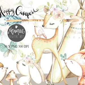 clipart d’animaux de pépinière boisés, clipart de planificateur boho, aquarelle, peint à la main, floral, plumes boho, flèche, renard, cerf, planificateur de plumes