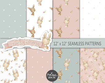 Bunny digital paper, Rabbit digital fabric art, bunny rabbit seamless pattern, planner bunny, flowers, nursery fabric art, baby fabric, baby