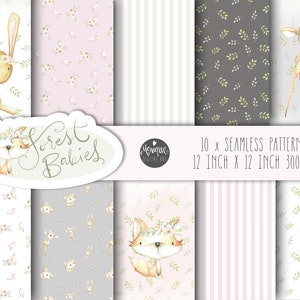 Seamless Pattern, Papier Pack, Baby Waldtiere, Planer Muster, Aquarell, handgemalt, Fuchs, Hase, Hase, Reh, Wald, Kinderzimmer