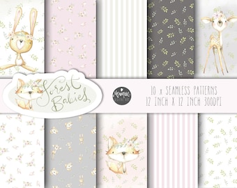Seamless Pattern, Paper Pack, Baby Woodland Animals, planner Patterns, watercolor, hand painted, fox, bunny, rabbit, deer, woodland nursery