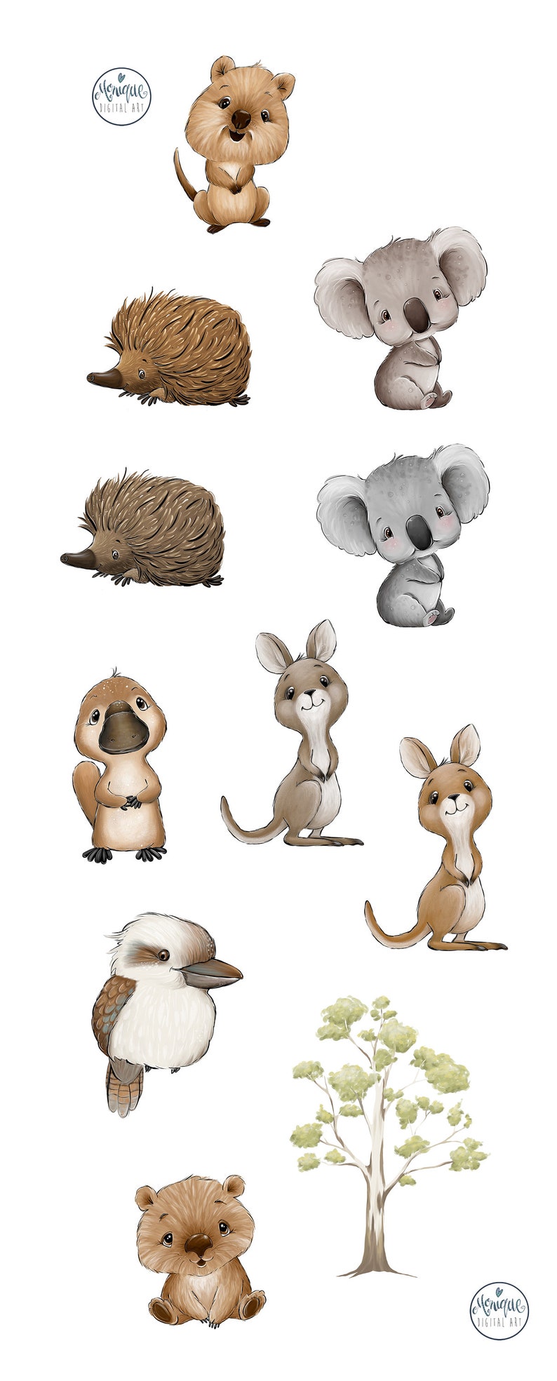 Puede incluir: Un conjunto de 10 adorables ilustraciones de animales australianos, que incluyen un koala, un wombat, un equidna, un canguro y un kookaburra. Las ilustraciones son de estilo de dibujos animados y son perfectas para usar en libros para ni&ntilde;os, manualidades u otros proyectos creativos.