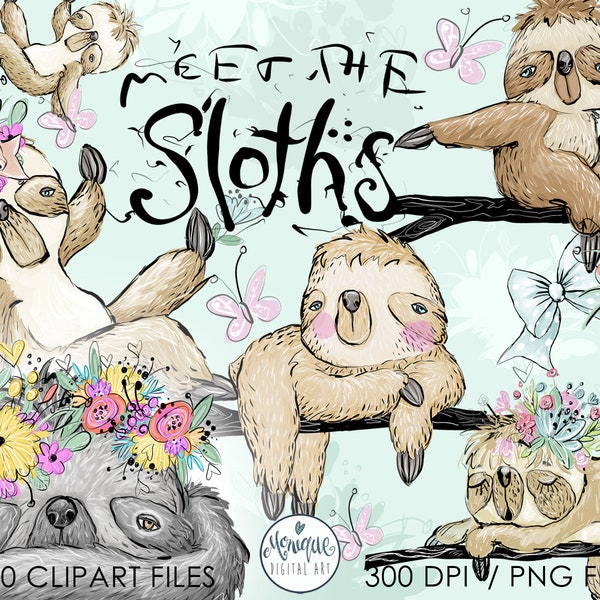 Sloth clipart, Cute Sloth watercolor, Sloth art, hanging sloth, flowers sloth, hand painted, floral, planner stickers, whimsical, cliparts