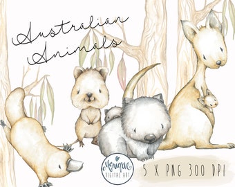 Australian animals clipart, Kangaroo, Wombat, Platypus, Quokka, Mother and baby, nursery animals, watercolor, baby clipart, planner stickers