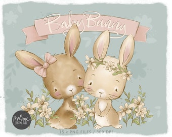 Bunny Clipart, baby bunnies, rabbits, cute rabbit, Easter bunny clipart, nursery bunny art, unisex bunny art, png bunny, hand drawn Easter