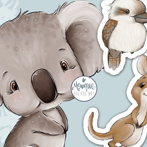 Puede incluir: Una ilustraci&oacute;n digital de tres animales australianos: un koala, un kookaburra y un canguro. Los animales sonr&iacute;en y tienen un estilo de dibujos animados. El fondo es de color azul claro.