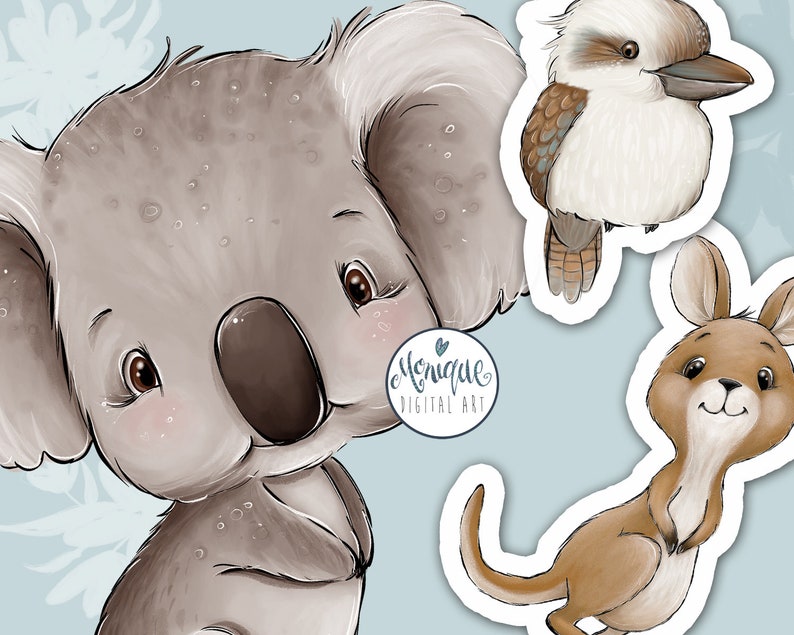 Puede incluir: Una ilustraci&oacute;n digital de tres animales australianos: un koala, un kookaburra y un canguro. Los animales sonr&iacute;en y tienen un estilo de dibujos animados. El fondo es de color azul claro.