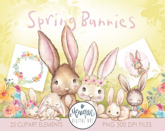 rabbit clipart watercolor, Spring clipart bunnies, bunny easter clipart watercolor, watercolor splash, spring flowers bright, rabbit family