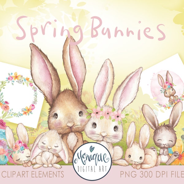 Hase Clipart Aquarell, Frühling Clipart Hasen, Osterhase Clipart Aquarell, Aquarell Spritzer, Frühlingsblumen hell, Hasenfamilie