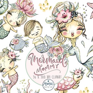 Mermaid Clipart, bébé sirène, garçon sirène, clipart sirène, Anniversaire de sirène, sirène mignonne, tortue mignonne, art monique, poisson, coquillages, bulles