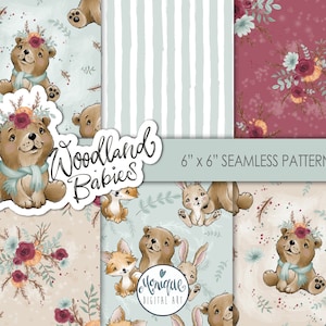 Papier numérique Woodland, Animaux des bois, Renard, ours, lapin, lapin, bébé renard, ours, Bébés animaux, Animaux de pouponnière, Bébés animaux mignons