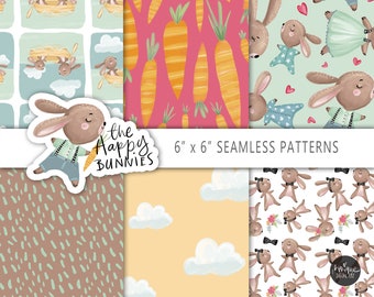 rabbit digital paper, bunny surface pattern, easter, valentines day, cute rabbits, carrots, flowers, love art, sky, clouds, nursery rabbit