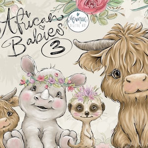 Afrikaanse dieren Clipart, Neushoorn, Stokstaartje, Buffel, Highland Cow, Koe, Baby Dieren kunst, Kwekerij dieren, grillige, Afrikaanse baby Dieren
