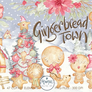 gingerbread man clipart watercolor, christmas clipart, cute gingerbread, gingerbread family, gingerbread house, snow mountains, xmas tree
