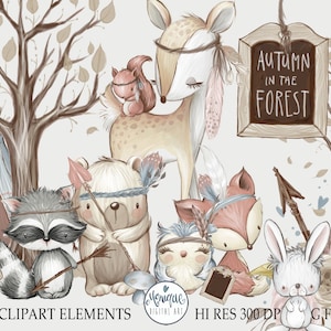 Herbst Wald, Baby Tiere Clipart, Waschbär, Hase, Hase, Fuchs, Bär, Eule, Baum, Reh, Planer Clipart, Eichhörnchen, handgemalt