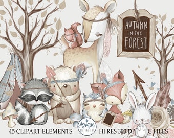 Autumn Woodland, baby animals clipart, raccoon, rabbit, bunny, fox, bear, owl, tree, deer, planner clipart, squirrel, hand painted