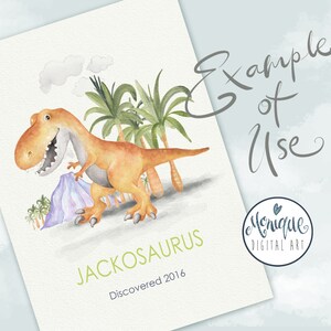 Może przedstawiać: Aquarela przedstawiająca kresk&oacute;wkowego dinozaura w dżungli. Dinozaur jest pomarańczowy i brązowy, a tło jest zielone. Pod dinozaurem widnieje tekst "JACKOSAURUS Odkryty 2016".