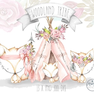 Boho Teepee Clipart,Plumes d’aquarelle et couronne de fleurs,Clipart,Clipart de pépinière Woodland,Fox,Baby Shower,Teepee Birthday,Planner Clipart