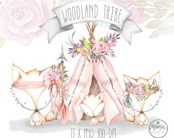 Boho Teepee Clipart,Watercolor feathers and flowers wreath,Clipart,Nursery Woodland Clipart,Fox,Baby Shower,Teepee Birthday,Planner Clipart