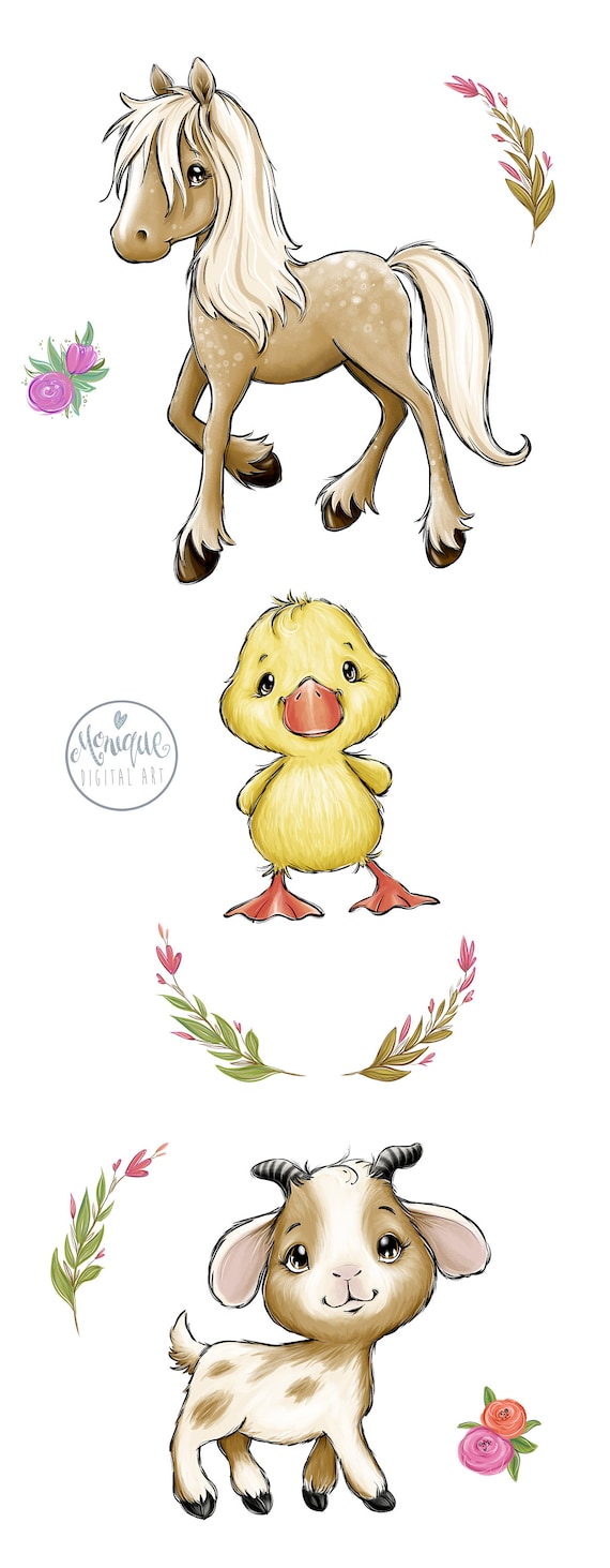 農場の動物のクリップアート、馬、ヤギ、アヒル、赤ちゃん農場の動物、花、保育園の動物、ベビーシャワー、赤ちゃん動物、手描き、モニークデジタル -  Etsy 日本, image size:570x1463