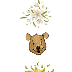 May include: A digital illustration of three animal faces: a pink pig wearing a blue bow tie, a brown bear with a happy expression, and a black and white cow with a pink nose. The animals are surrounded by floral elements, including white flowers and yellow sunflowers.