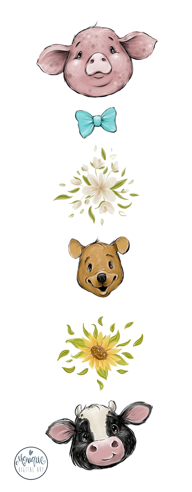 May include: A digital illustration of three animal faces: a pink pig wearing a blue bow tie, a brown bear with a happy expression, and a black and white cow with a pink nose. The animals are surrounded by floral elements, including white flowers and yellow sunflowers.