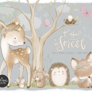 Waldtiere Clipart, Baby tiere, Reh, Fuchs, Igel, Maus, Eichhörnchen, Kinderzimmer Tiere, Kinderzimmer Wandsticker, Aquarell, Babyzimmer