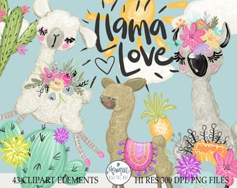Puede incluir: Un conjunto de 43 elementos de clipart digital que presentan lindas llamas con flores, cactus y una piña. El texto "Llama Love" está incluido en el diseño.
