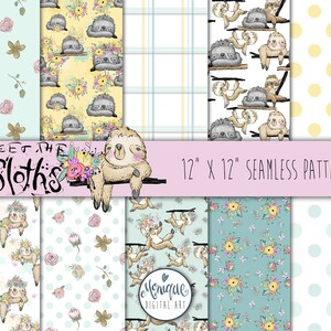 Op de afbeelding: Een set van 12" x 12" digitale naadloze patronen met schattige luiaards met bloemenkransen en andere ontwerpen. De patronen zijn in verschillende kleuren, waaronder roze, blauw, geel en groen. De tekst "Meet the Sloths" is opgenomen in de afbeelding.