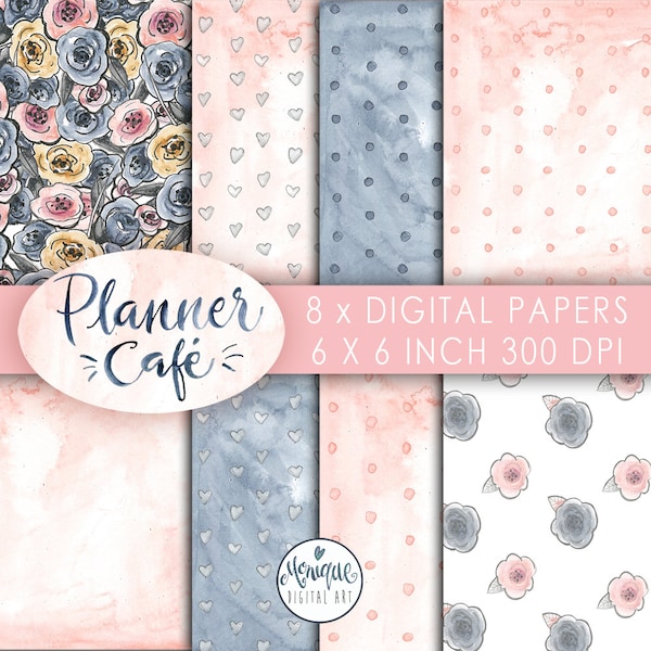 Kawaii Digital Paper pack, Planner stickers, Watercolor background, Graphics resources, Fabric, Backdrop