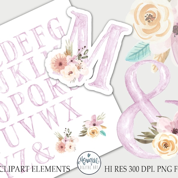 Alphabet watercolor, Hand painted letters, Hand painted Alphabet, Watercolor font clipart, Alphabet clipart, PINK, Letters watercolor