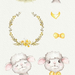 May include: A set of watercolor illustrations featuring cute lambs with closed eyes, yellow flowers, and wreaths. The illustrations are perfect for creating invitations, cards, or other craft projects.