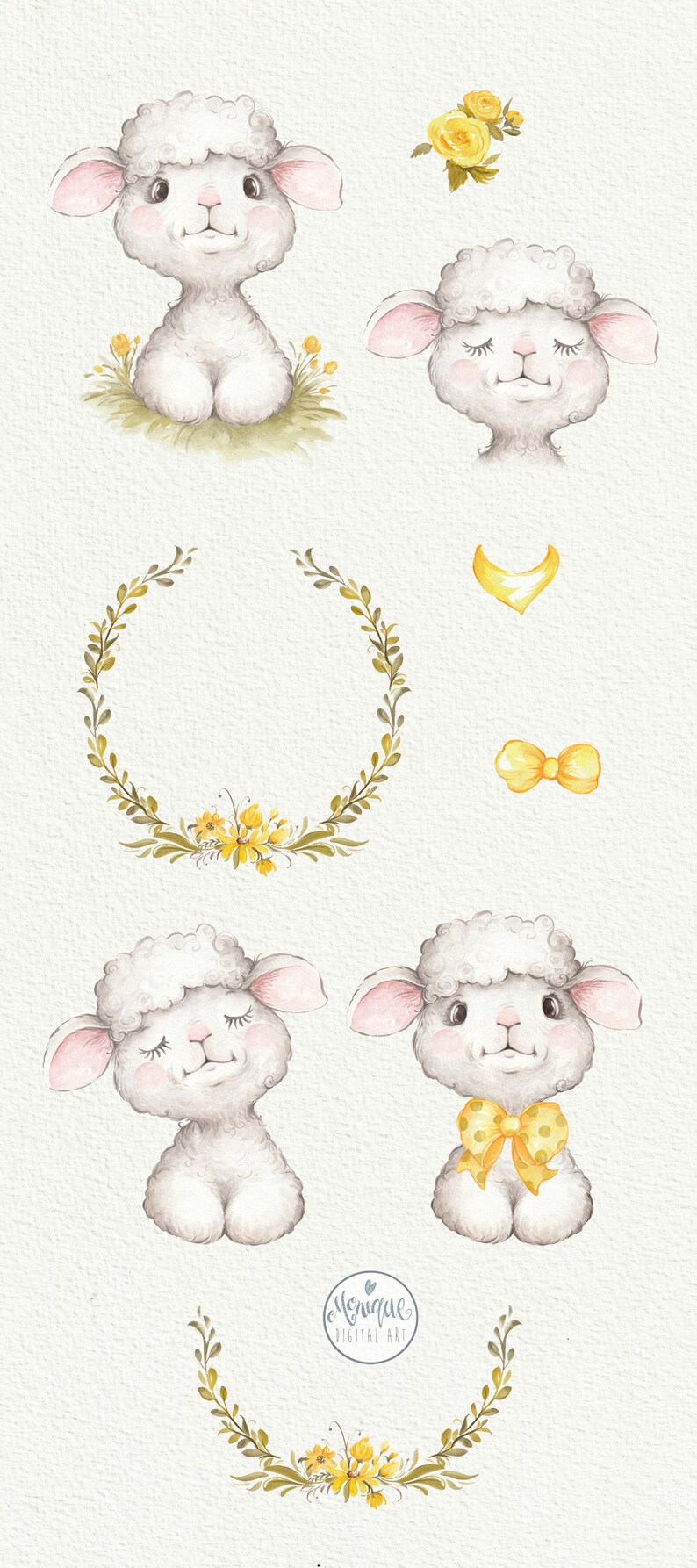 May include: A set of watercolor illustrations featuring cute lambs with closed eyes, yellow flowers, and wreaths. The illustrations are perfect for creating invitations, cards, or other craft projects.