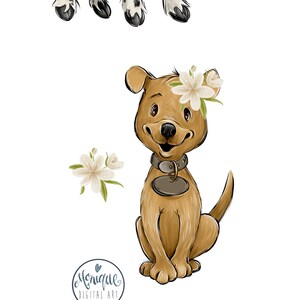 May include: A digital illustration of three farm animals: a black and white cow with a sunflower on its head, a brown dog with a white flower on its head, and a pink pig with a pink flower on its head. The animals are all smiling and looking at the viewer.