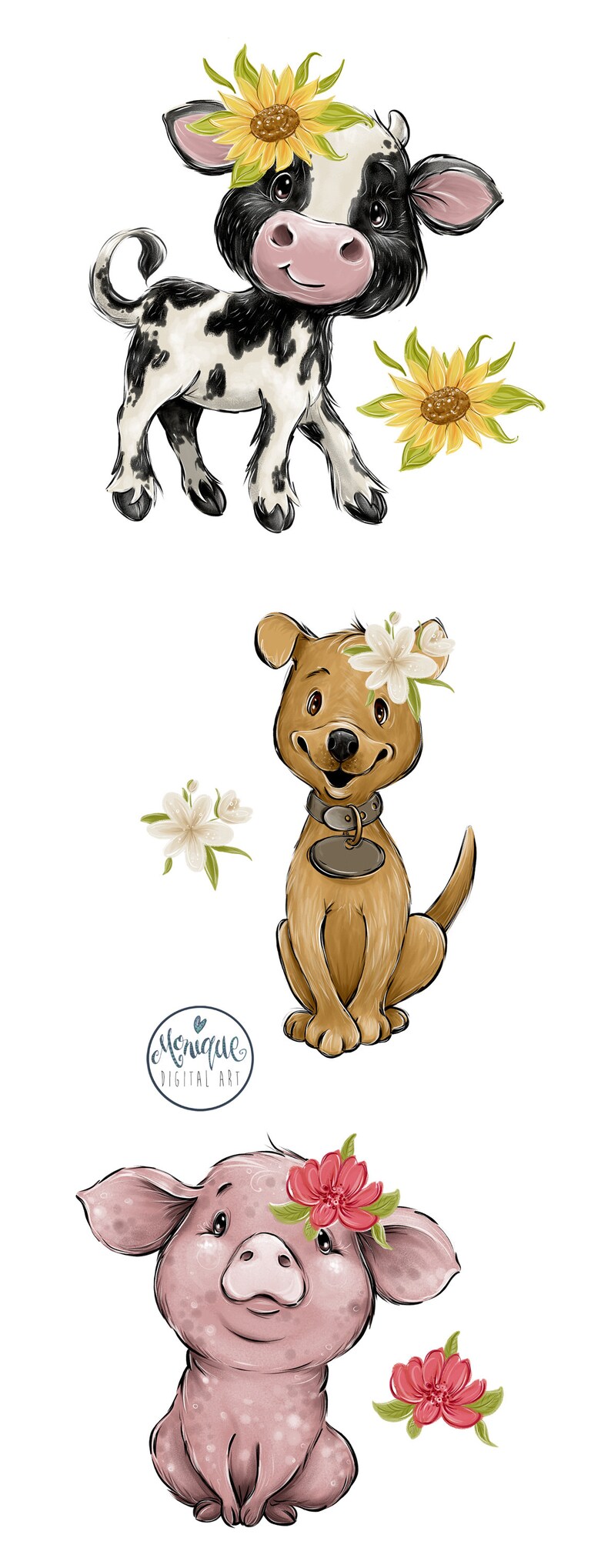 May include: A digital illustration of three farm animals: a black and white cow with a sunflower on its head, a brown dog with a white flower on its head, and a pink pig with a pink flower on its head. The animals are all smiling and looking at the viewer.