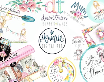 May include: A collection of watercolor illustrations featuring various logos and designs. The logos include "Quilt Tribune", "Downtown Diaper Cakes", "Mum of the Sunshine Coast", "Cute Gardening Girls", "Fielitos Sweet Cream", "Plan with Pizza", "The Ruffled Flamingo", "Nirania Yoga", and "Flowers by Kristy".