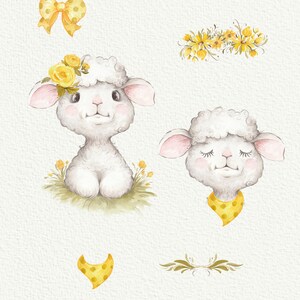 May include: A set of watercolor illustrations featuring cute lambs with yellow flower crowns, bows, and a polka dot bandana. The illustrations are perfect for adding a touch of whimsy to your designs.