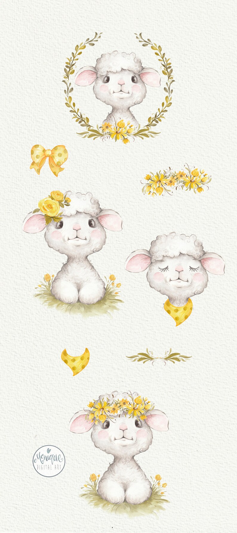 May include: A set of watercolor illustrations featuring cute lambs with yellow flower crowns, bows, and a polka dot bandana. The illustrations are perfect for adding a touch of whimsy to your designs.