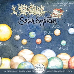 May include: A watercolor illustration of the solar system with the sun, planets, and Santa Claus in a sleigh pulled by reindeer. The planets are labeled with their names: Sun, Mercury, Venus, Earth, Mars, Jupiter, Saturn, Uranus, Neptune, and Pluto. The text "Solar System" is written in cursive at the top of the image. The image is on a dark blue background with white stars.