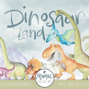 Dinosaur Clipart, dinossauros aquarela, t-rex, vulcão, palmas, berçário de meninos, jurássico, ilustração de dinossauro, dinossauro pássaro, tiranossauro
